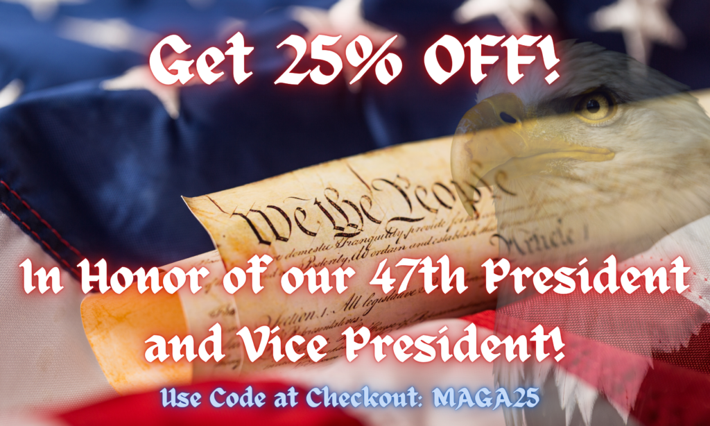 25% discount promotion banner with American flag, the Constitution scroll, and a bald eagle in honor of the 47th President and Vice President, featuring code MAGA25.